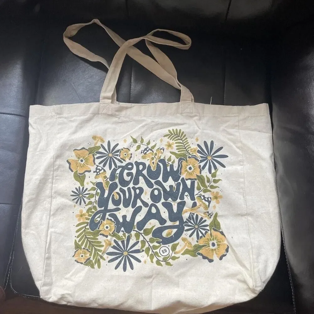 Beige Canvas Reusable Tote Bag Floral Print 15x14x12 in Earthbound